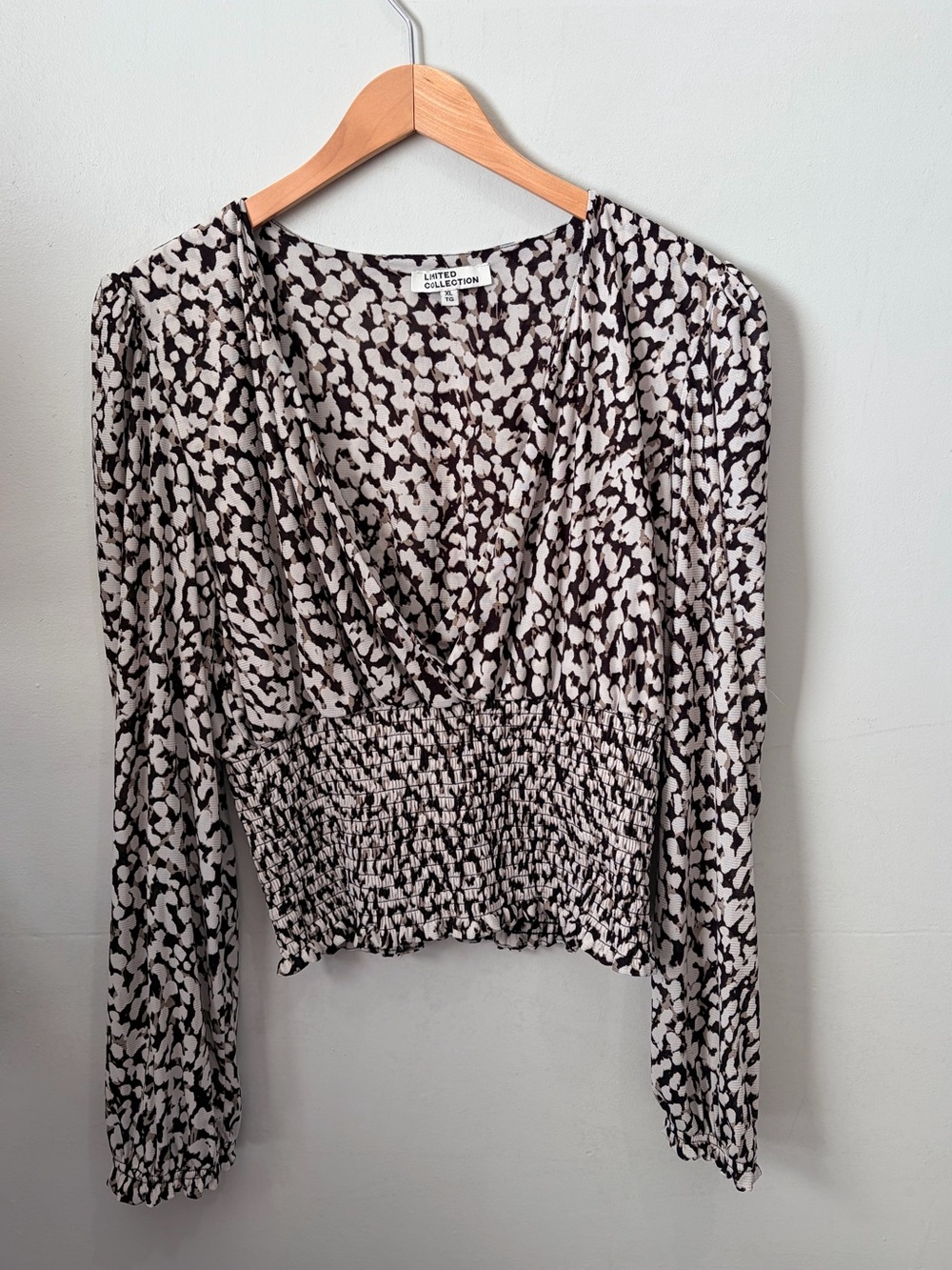 Urban Outfitters Black and White Abstract Smocked-Waist Long Sleeve Blouse